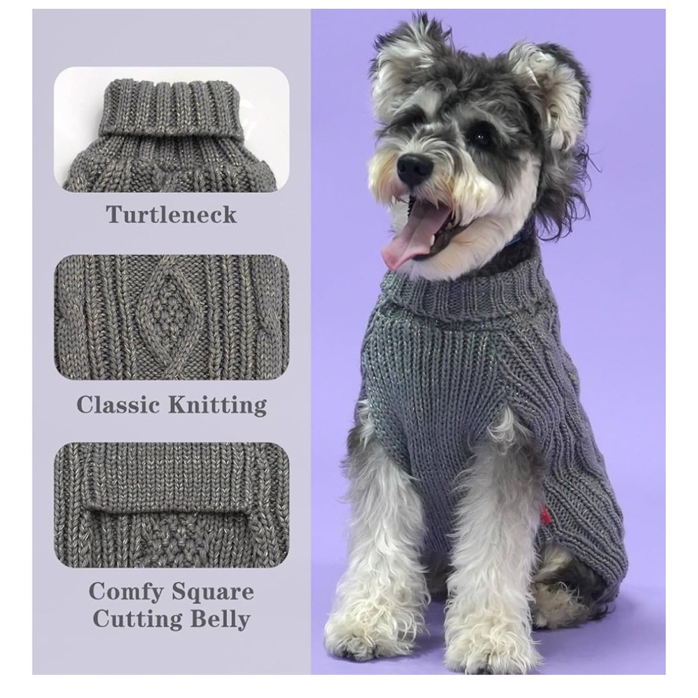 Classic Cable Knit Grey Turtleneck with Golden Thread Dog Sweater Small dog XL